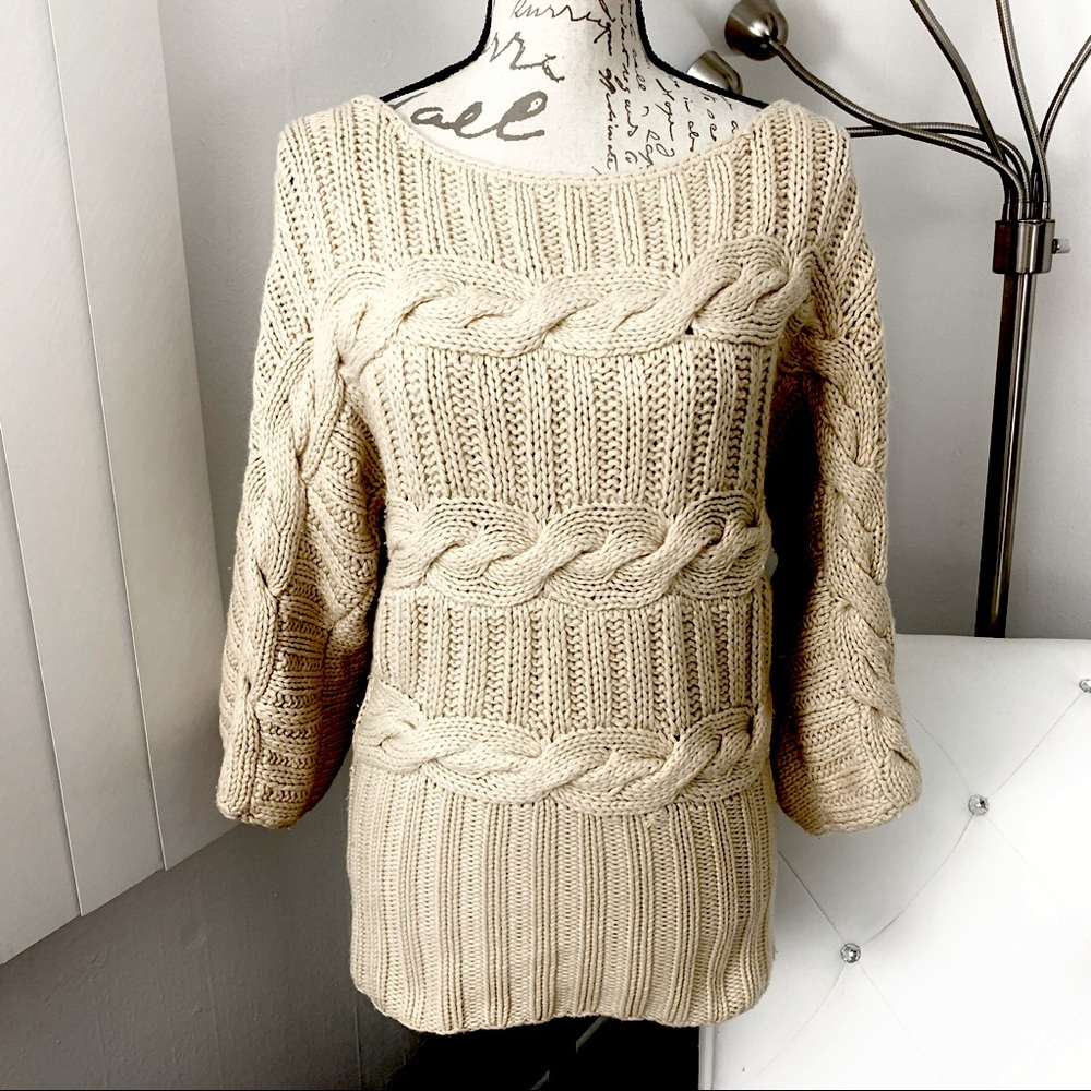 Bebe Boat Neck Cable Knit Dolman Sleeve Sweater Beige Tan M
